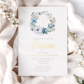 ブルーエレガントフローラ宗教少年バプテスマ 箔招待状