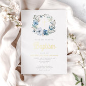 ブルーエレガントフローラ宗教少年バプテスマ 箔招待状