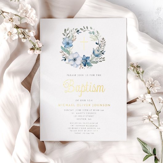 ブルーエレガントフローラ宗教少年バプテスマ 箔招待状