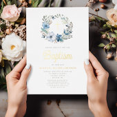 ブルーエレガントフローラ宗教少年バプテスマ 箔招待状