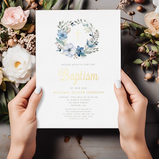 ブルーエレガントフローラ宗教少年バプテスマ 箔招待状