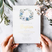 ブルーエレガントフローラ宗教少年バプテスマ 箔招待状