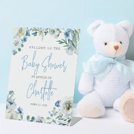 ブルーエレガントフローラ春ベビーシャワーウェルカム 台座サイン