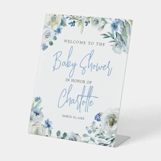 ブルーエレガントフローラ春ベビーシャワーウェルカム 台座サイン (正面)