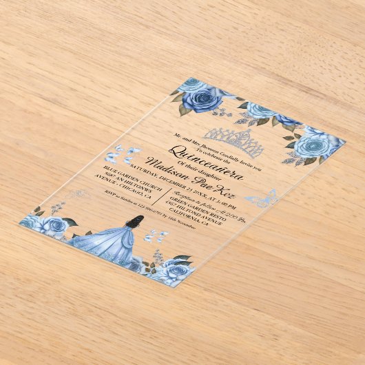 ブルーエレガントフローラ王室のバタフライキンセアニェラ アクリル招待状 (レイダウン)
