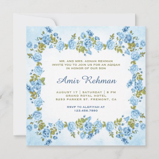 ブルーエレガントフローラ男の赤ちゃんアキカ 招待状 (裏面)