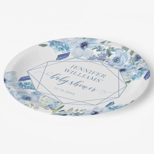 ブルーエレガントフローラ男の赤ちゃんシャワー紙プレート ペーパープレート (アングル)