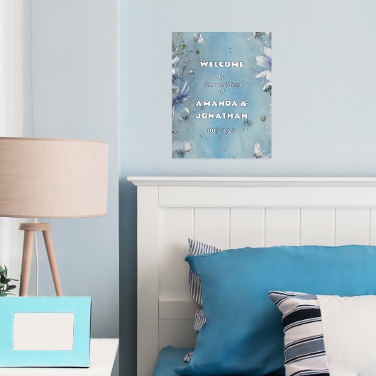 ブルーエレガントフローラ結婚のウェルカムフォイル記号 箔ポスター (インサイチュ (寝室))