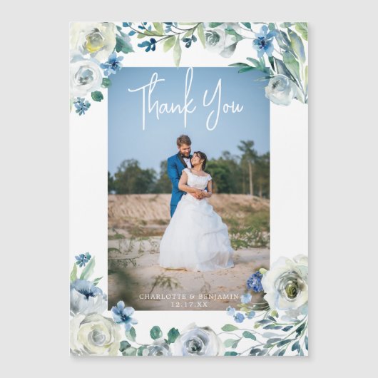 ブルーエレガントフローラ結婚のフォトマグネットカード (正面)