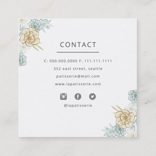 ブルーエレガントフローラ結婚ケーキメーカーベーカリー スクエア名刺 (裏面)