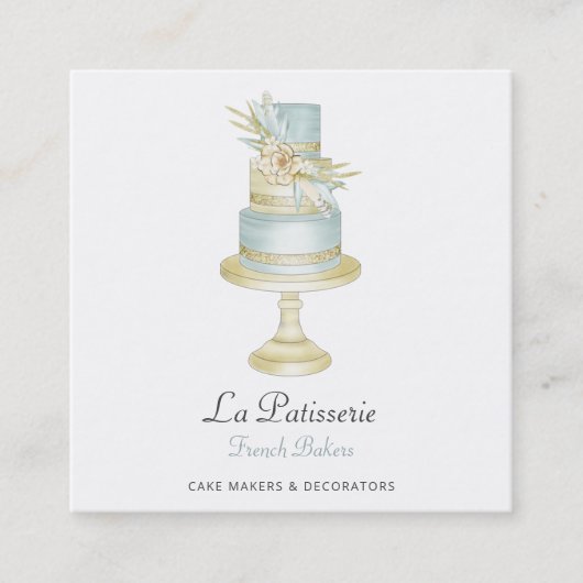 ブルーエレガントフローラ結婚ケーキメーカーベーカリー スクエア名刺 (正面)