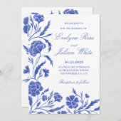 ブルーエレガントフローラ結婚式招待状カード 招待状 (正面/裏面)