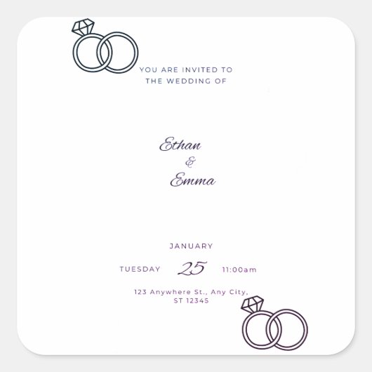 ブルーエレガントフローラ結婚式招待状シール スクエアシール (正面)