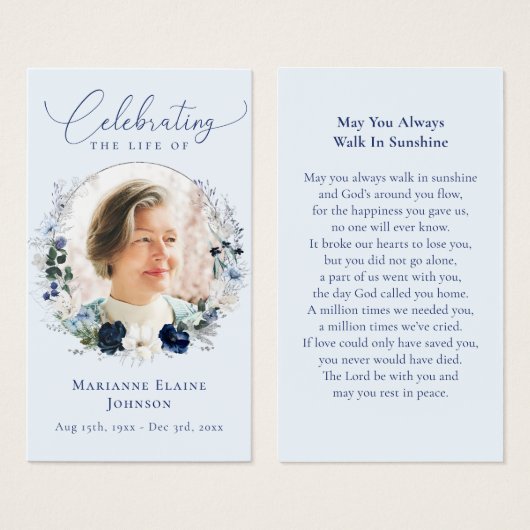 ブルーエレガントフローラ記念葬式祈りの言葉カード (正面&裏面)