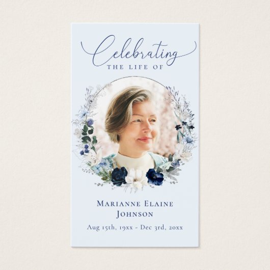 ブルーエレガントフローラ記念葬式祈りの言葉カード (正面)