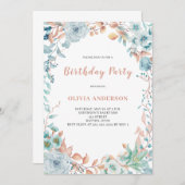 ブルーエレガントフローラ誕生日招待状 招待状 (正面/裏面)