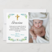 ブルーエレガントフローラ金ゴールドクロススペインのバプテスマ サンキューカード (正面)