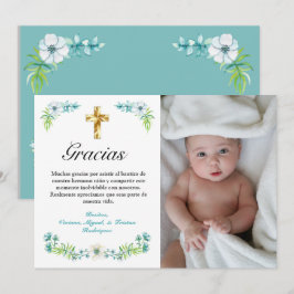 ブルーエレガントフローラ金ゴールドクロススペインのバプテスマ サンキューカード