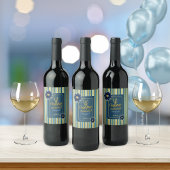 ブルーエレガントフローラ金ゴールドストライプハッピーバースデー ワインラベル