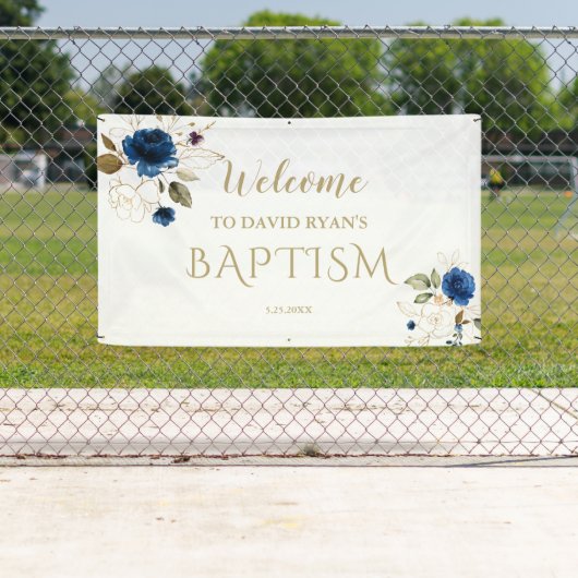 ブルーエレガントフローラ金ゴールドボーイバプティスウェルカムサイン 横断幕 (インサイチュ)