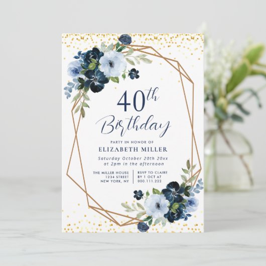 ブルーエレガントフローラ60th誕生日パーティーへの招待 招待状 (スタンド正面)