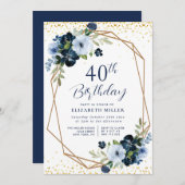 ブルーエレガントフローラ60th誕生日パーティーへの招待 招待状 (正面/裏面)