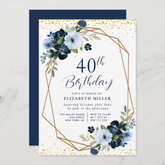 ブルーエレガントフローラ60th誕生日パーティーへの招待 招待状 (正面/裏面)