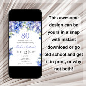 ブルーエレガントフローラ80番目の誕生日招待状 招待状