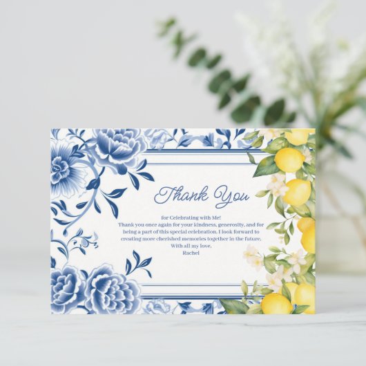 ブルーエレガントフローラ&イエローレモンブライダルシャワー サンキューカード (スタンド正面)