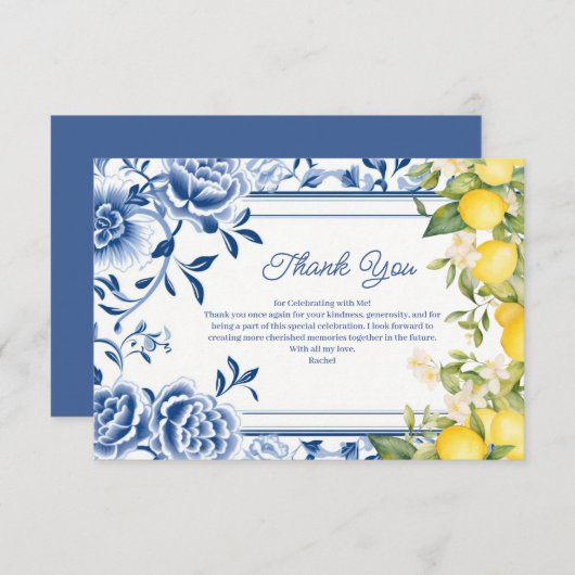ブルーエレガントフローラ&イエローレモンブライダルシャワー サンキューカード (正面/裏面)
