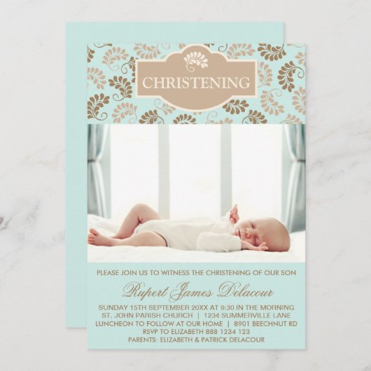 ブルーエレガントフローラ《キリスト教》洗礼式や命名式への招待 招待状 (正面/裏面)