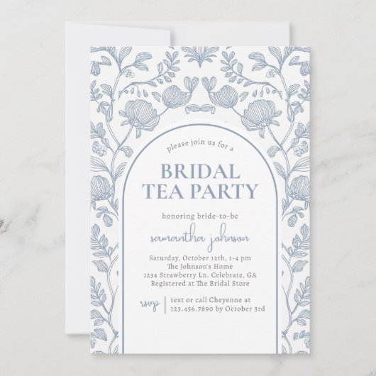 ブルーエレガントブライダルシャワーティーパーティー 招待状 (正面)