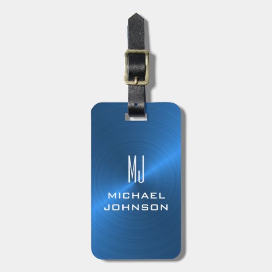 ブルーエレガントブラシ仕上げメタリックモノグラムのイニシャル ラゲッジタグ (正面縦)