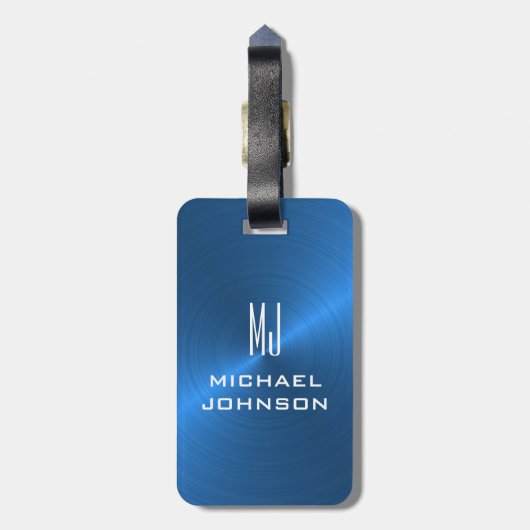 ブルーエレガントブラシ仕上げメタリックモノグラムのイニシャル ラゲッジタグ (裏面縦)