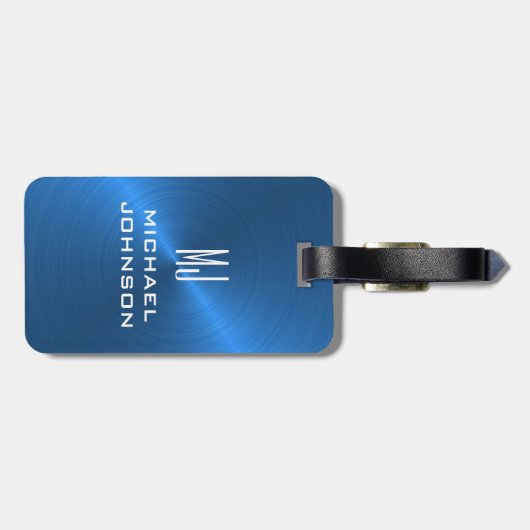 ブルーエレガントブラシ仕上げメタリックモノグラムのイニシャル ラゲッジタグ (裏面横)