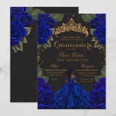 ブルーエレガントブラッククインセアニラバラ金ゴールドグリッター 招待状 (正面/裏面)