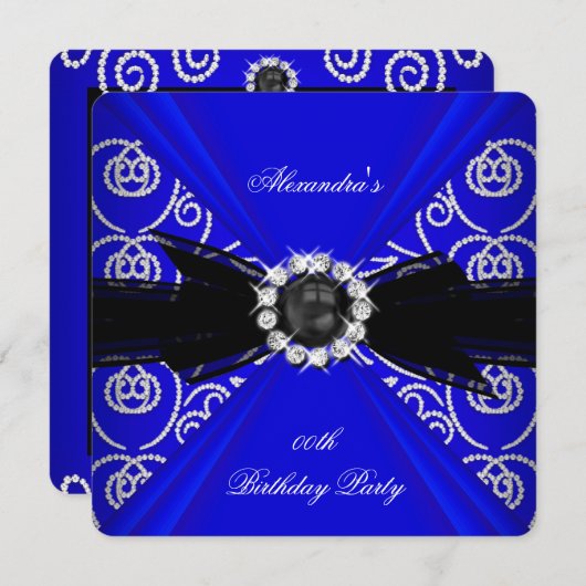 ブルーエレガントブ王室のラックスパールボウバースデーパーティー 招待状 (正面/裏面)