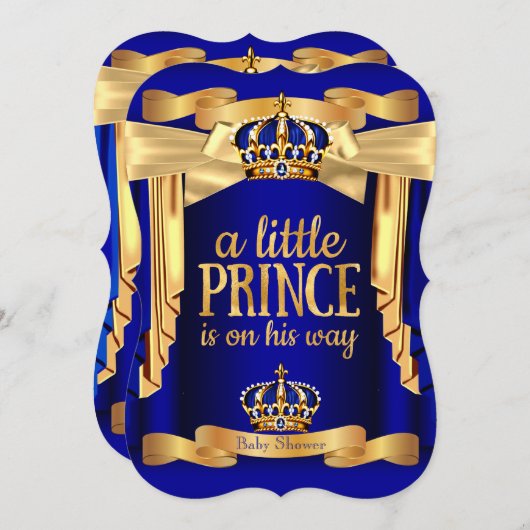ブルーエレガントプリンス王室のベビーシャワー金ゴールドクラウン 招待状 (正面/裏面)