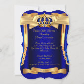 ブルーエレガントプリンス王室のベビーシャワー金ゴールドクラウン 招待状 (裏面)