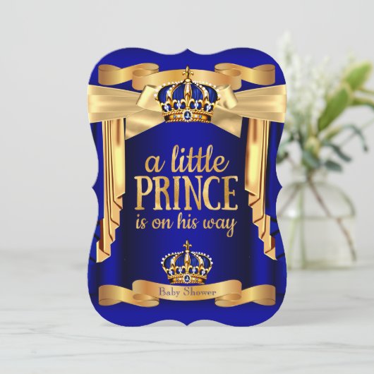 ブルーエレガントプリンス王室のベビーシャワー金ゴールドクラウン 招待状 (スタンド正面)