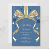 ブルーエレガントベージュボウ&リボンクリスマスパーティー 招待状 (正面)