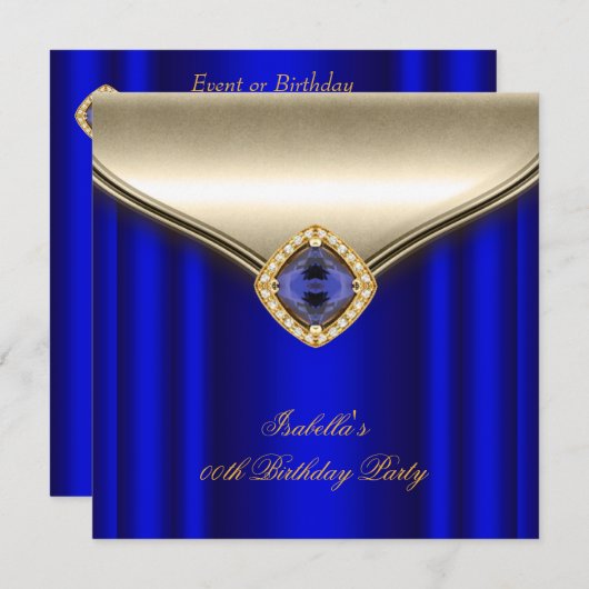 ブルーエレガントベ王室のージュ金ゴールド誕生会 招待状 (正面/裏面)