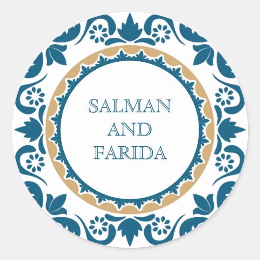 ブルーエレガントペルシア結婚モザイク封筒用シール ラウンドシール (正面)
