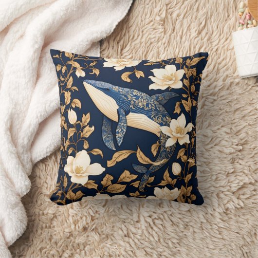 ブルーエレガントホエールウィリアムインスパイアモリスフローラ クッション (ブランケット)