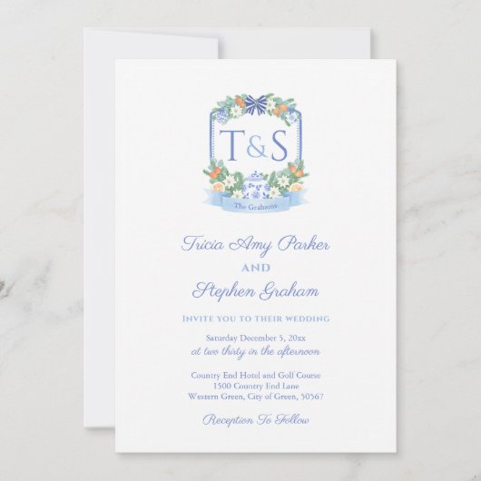ブルーエレガントホワイトシトラスクレストホリデー結婚ズ 招待状 (正面)