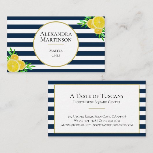 ブルーエレガントホワイトストライプウォーターカラーレモン料理人 名刺 (正面/裏面)