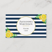 ブルーエレガントホワイトストライプウォーターカラーレモン料理人 名刺 (正面)