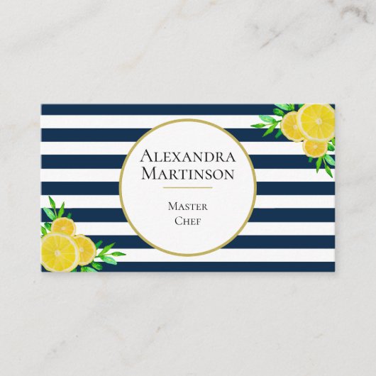 ブルーエレガントホワイトストライプウォーターカラーレモン料理人 名刺 (正面)
