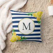 ブルーエレガントホワイトストライプレモンモノグラム クッション (ブランケット)