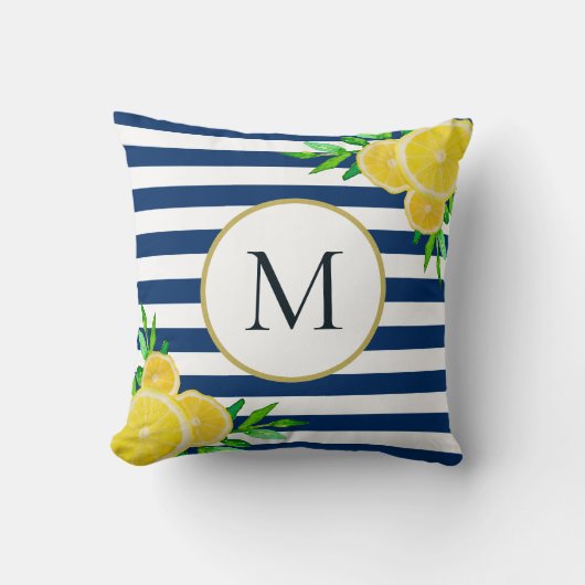 ブルーエレガントホワイトストライプレモンモノグラム クッション (正面)